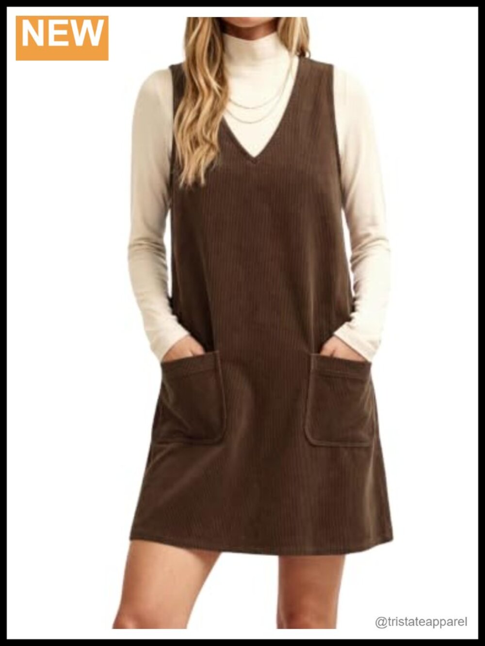 Corduroy V Neck Mini Dress A Line Pinafore Jumper with Pockets